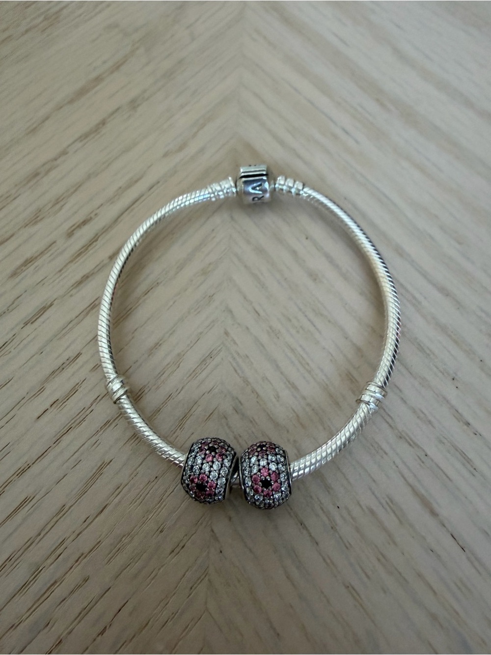 Pandora Sterling Silver Bracelet with Pink and White Pavé Charms